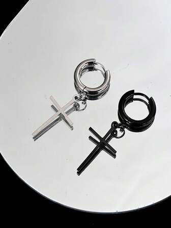 1pc Fashionable Simple Vintage Hip Hop Titanium Steel Cross Pendant Earring, Suitable For Daily Wear For Both Men And Women