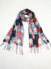 1 件卡通动物数码印花轻质流苏围巾披肩，带防晒功能，冬季秋季 - 彩色 - 查看 2