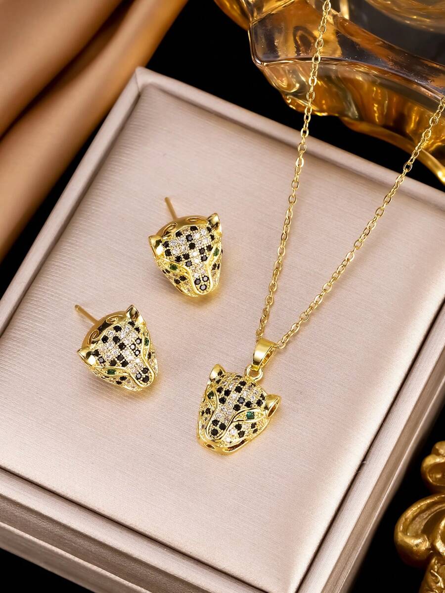 3 件套金色不锈钢镀金首饰套装，方晶锆石豹头项链和耳环，创意法式风格，个性化韩式时尚，休闲时尚，用途广泛，非常适合送礼，适合日常佩戴、街头、派对、节日。