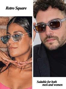 复古方形框架时尚眼镜男士厚矩形墨镜小脸眼镜黄色镜片复古墨镜（带多功能螺丝刀、眼镜纤维布）适合夏季海滩度假、户外、旅行 - 黑色 - 查看 5