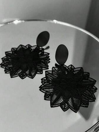 1對時尚超薄電蝕花卉耳環，高品質黑色耳環，適合女性日常佩戴
