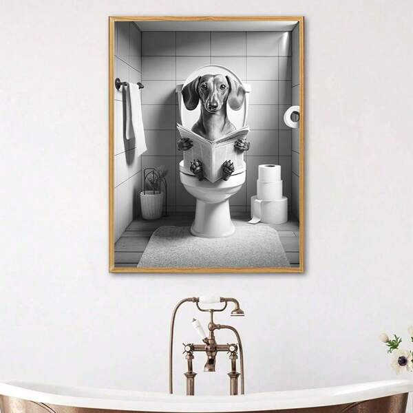 1pc/Set Vintage Back And White Cute Dog Sit On The Toilet And Read The Newspaper Canvas Poster, Retro Funny Animal Canvas Wall Art Painting In Decorative Painting & Calligraphy, Perfect For Bathroom, Toilet, Bathroom Wall Decorations, No Frame Include Gifts Birthday Graduation