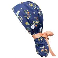 Gorro para cabello largo con cinta y estampado impreso, adecuado para gorra de trabajo, gorra de enfermera, gorra quirúrgica de Halloween