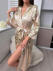 1pc Ladies Elegant Soft Silk Sleepwear, Loose Fit Long Sleeve Robe, Breathable And Cool For Home Use, Spring Summer & Autumn Winter