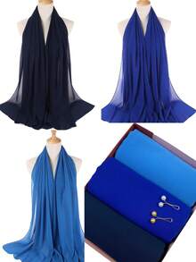 1box Ladies' Solid Color Chiffon Hijab Gift Set For Muslim Weddings (3pcs Hijabs + 2pcs Hijab Pins) - View 2