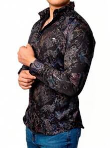 Camisa Hombre Casual Slim Fit Negra Floreada Plata - Negro - Ver 5