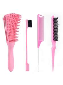 梳子。全新升級！4件套髮刷套裝，1件蓬鬆梳+1件尼龍梳+1件雙面邊緣刷+1件老鼠尾梳，適用於化妝和夏季套裝Y2k