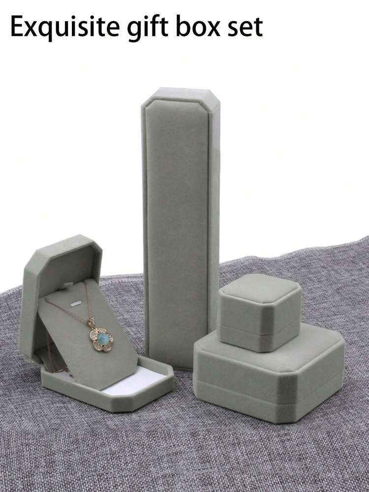 4入組精美豪華灰色珠寶包裝禮盒，灰色絨布八邊形珠寶盒，適用於存儲和展示戒指、吊墜、手鐲、項鏈等珠寶物品 - 絨布首飾禮盒 - 查看 7