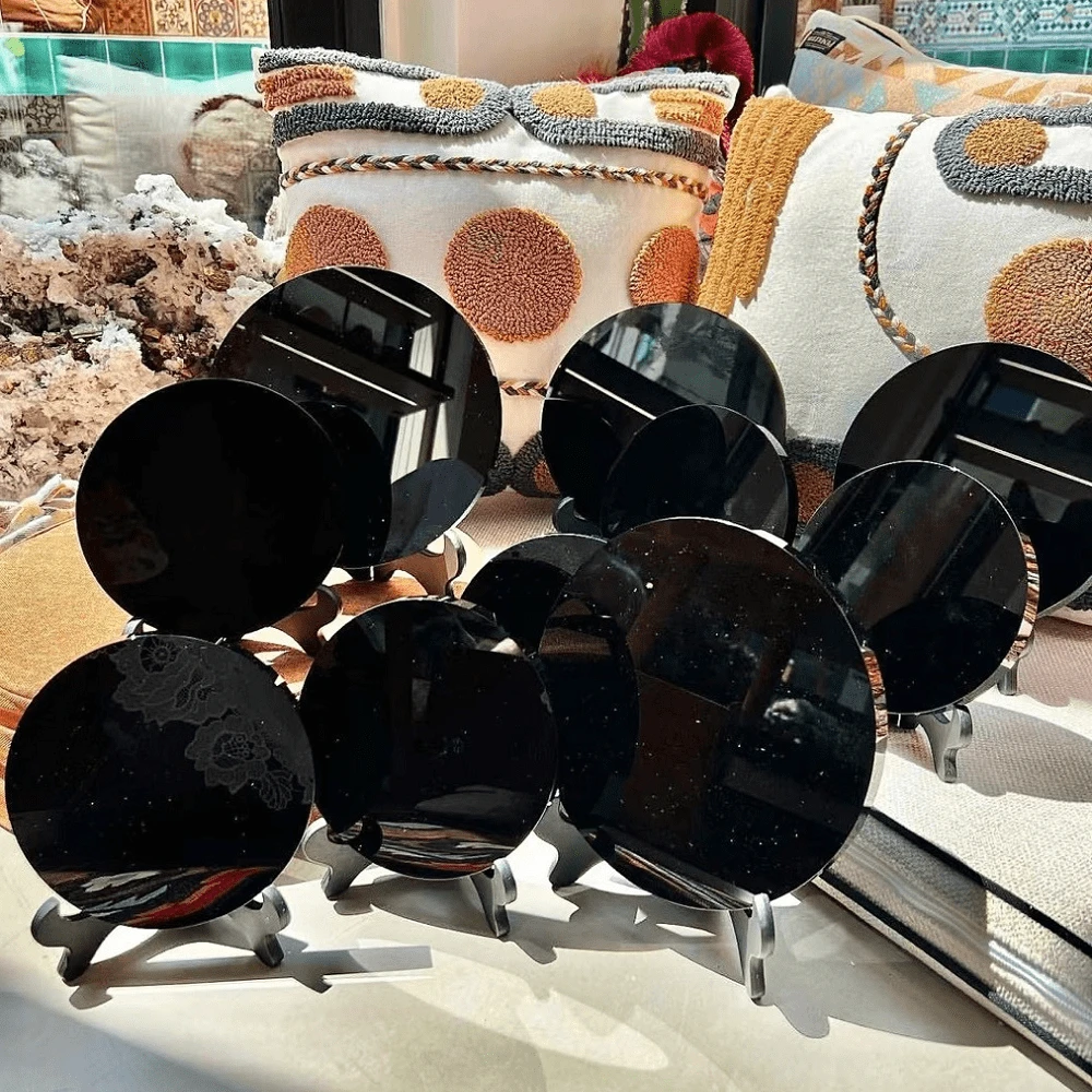 1入天然水晶黑曜石鏡面石頭，天然黑色石英鏡面珠寶，占卜鏡，黑曜石盤，家居裝飾，特別禮物