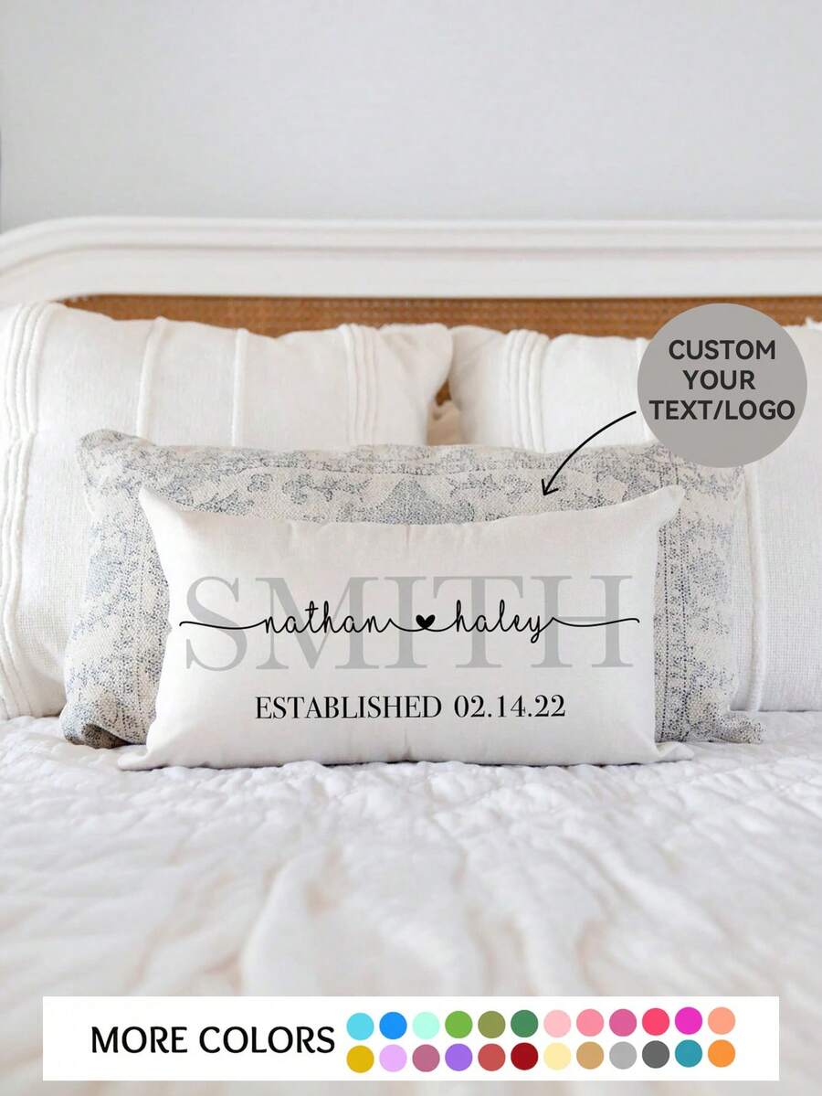 1pc Customizable Family Name & Date DIY Lumbar Pillow Cover, Minimalist Luxury Surname Heart Design, Multi-Color Options, Wedding Anniversary Gift, Bedroom Headboard Sofa Lumbar Cushion, All Season, Single-Sided Printed Without Insert - Multicolor - View 1