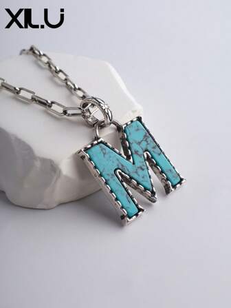 1pc Neutral Western Style Turquoise Letter Detail Necklace, Couple Jewelry Available
