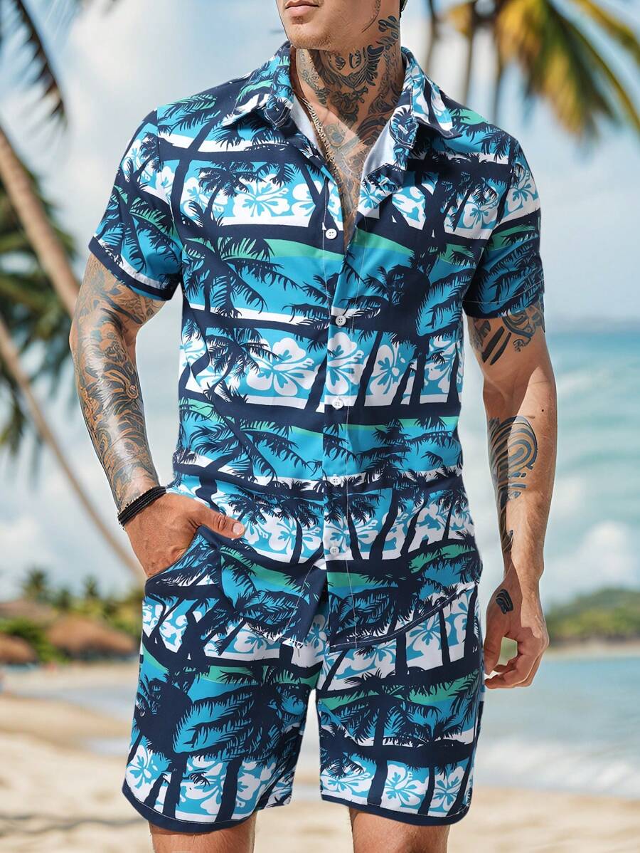 Men Tropical Print Shirt & Shorts - Blue - View 1