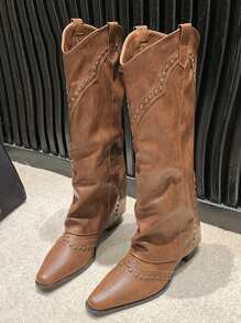 Botas altas con efecto retro y remaches, estilo francés, tipo botas vaqueras versátiles, ideales para usar con corsé y vestidos largos - Marrón - Ver 3