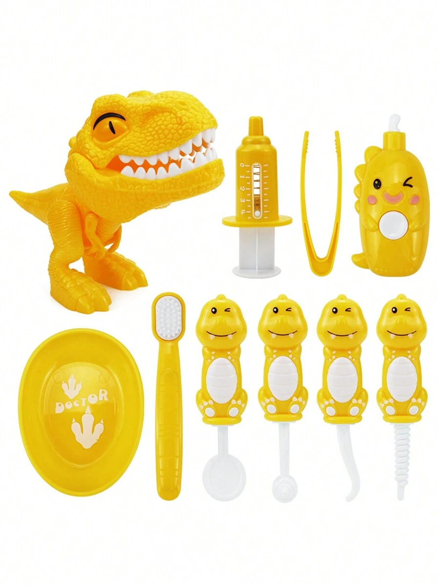 10 piezas Set de juguetes de dentista para niños, juguete de cepillado de dientes de dinosaurio, juguete educativo temprano para niños de 1 a 3 años - Amarillo - Ver 1