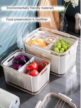 1入組透明冰箱保鮮盒,食物儲藏盒,計時器,雙層瀝水籃,保鮮盒,水果,肉,和蔬菜收納容器
