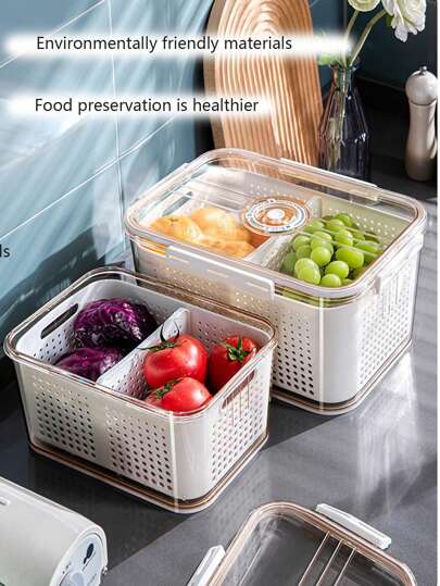 1入組透明冰箱保鮮盒,食物儲藏盒,計時器,雙層瀝水籃,保鮮盒,水果,肉,和蔬菜收納容器