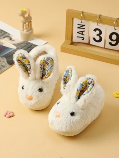 1pair Rabbit Shaped Kids' Slippers, Winter Girls' Indoor House Shoes, Cute Cartoon Design, Warm Furry Shoes