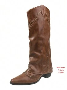 Botas altas con efecto retro y remaches, estilo francés, tipo botas vaqueras versátiles, ideales para usar con corsé y vestidos largos - Marrón - Ver 8