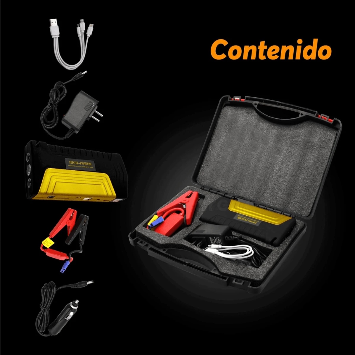 Arrancador de Batería de Auto o Moto Portátil 600A 12V Acumulador Cargador Con Accesorios Multifuncional Importadora Tim ChengLeody - Amarillo - Ver 1