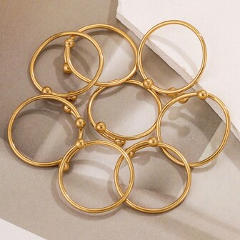 5pcs Small Ball Ball Open Cross Stainless Steel Gold-Plated Ring Retro Europe And The United States Simple Double Ball Adjustable Size Finger Ring Jewelry