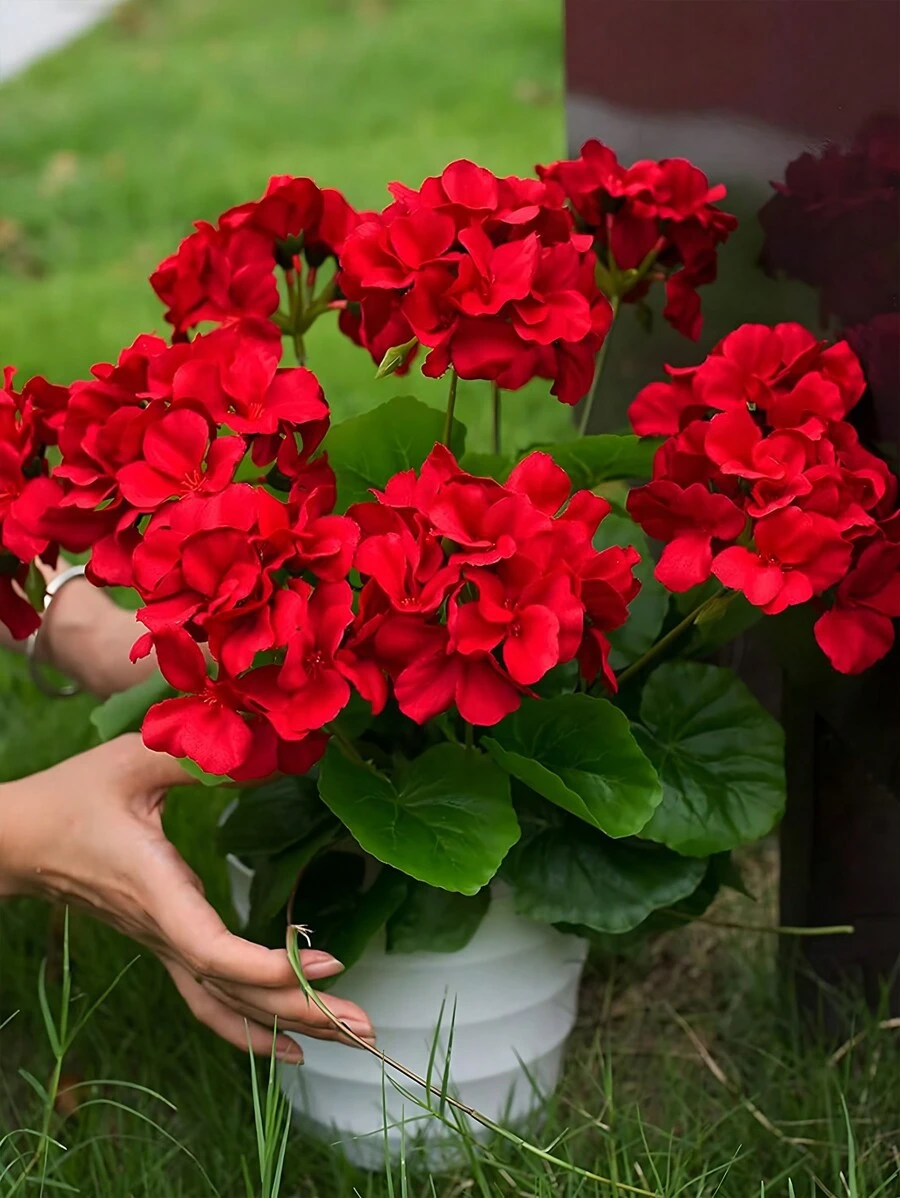 2束5枝/1束人造天竺葵丝质花卉植物，红宝石色（红色），家居户外花园装饰，门廊圣诞装饰，墓地花环，婚礼花园装饰，情人节礼物