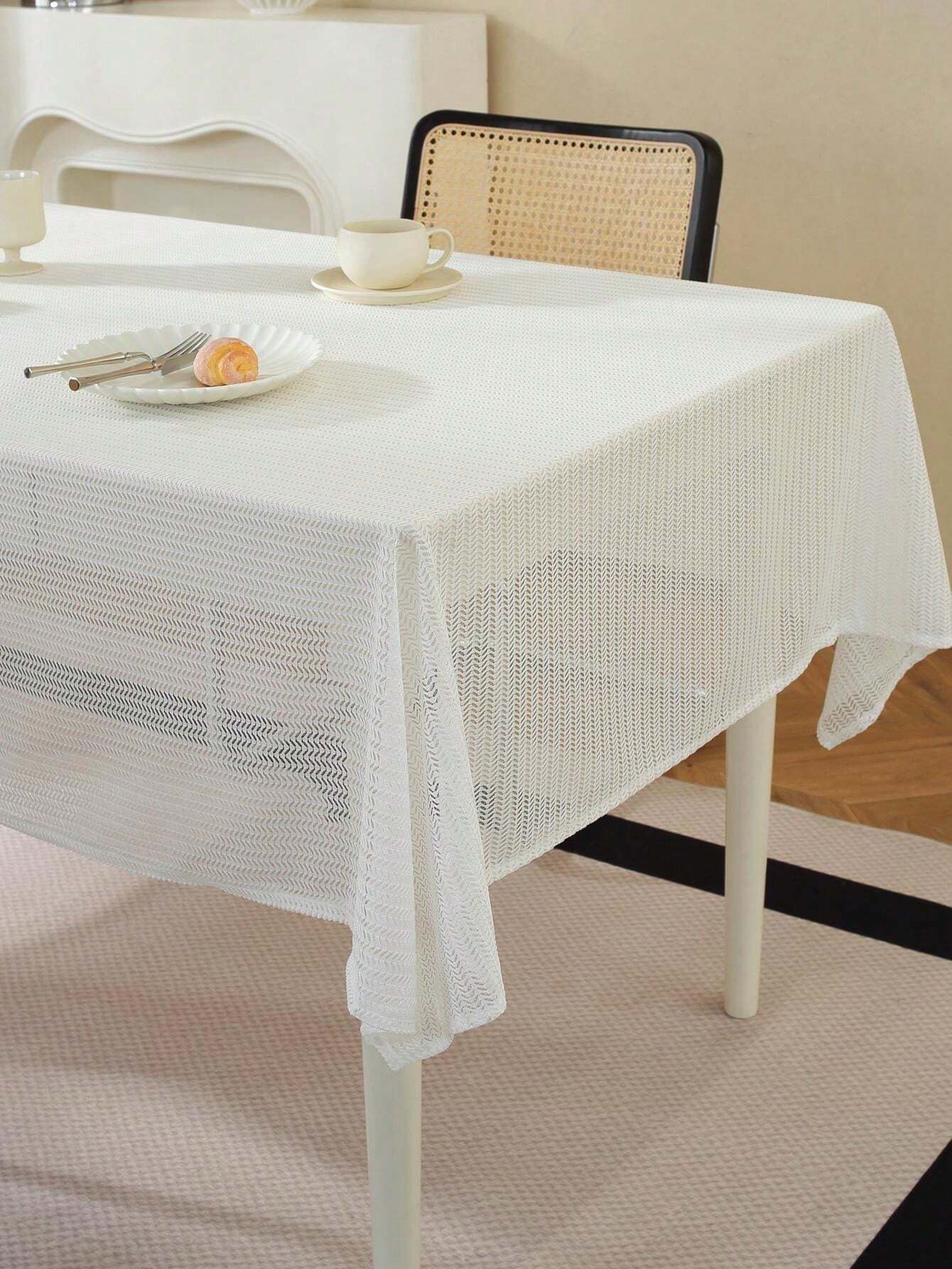 1pc Solid Color Hollow Out Country Style Tablecloth, White, Simple