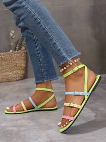 Women's Fashionable Green Simple Flat Sandals, Colorful Buckle Shiny Fashionable And Comfortable Open Toe Sandals, 2025 New Summer Plus Size Glamorous High-End Round Toe Sandals, Plus Size Wide Width Shoes Women,Casual Women's Shoes Suitable For Outdoor And Party Wear, Sexy Shoes For Women,Ladies Shoes,Green Shoes,Sparkly Sandals,Green Sandals,Suitable For Vacation And Beach Fun,Dopamine Color Matching