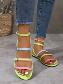 Women's Fashionable Green Simple Flat Sandals, Colorful Buckle Shiny Fashionable And Comfortable Open Toe Sandals, 2025 New Summer Plus Size Glamorous High-End Round Toe Sandals, Plus Size Wide Width Shoes Women,Casual Women's Shoes Suitable For Outdoor And Party Wear, Sexy Shoes For Women,Ladies Shoes,Green Shoes,Sparkly Sandals,Green Sandals,Suitable For Vacation And Beach Fun,Dopamine Color Matching