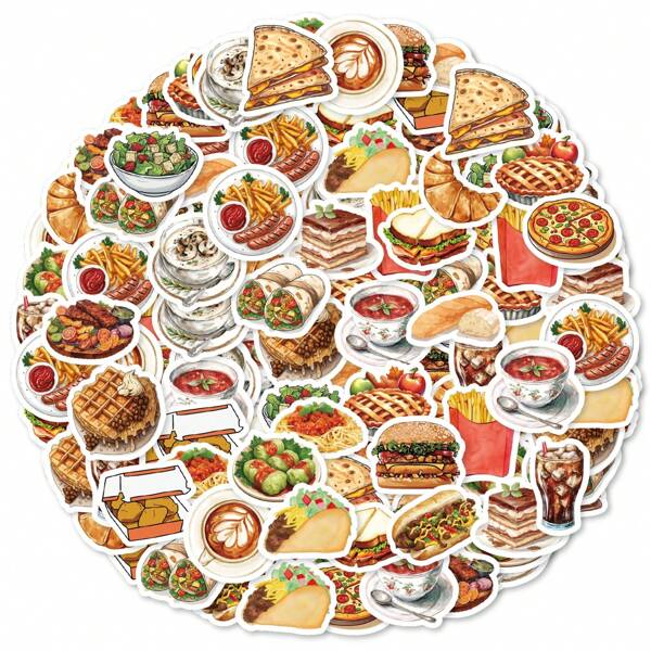 TiTiPaPa 46 قطعة من ملصقات طعام غربي بموضوع البيتزا والبرجر والبطاطس المقلية وغيرها مزينة بالمفكرة وزجاجة الماء ولوح التزلج واليومية والحقيبة والجيتار واللعبة الكلاسيكية ودفتر الصور وملصق سيارة ومواد قرطاسية للطلاب للزينة (ديكور) الهواتف النقالة