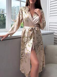 1pc Ladies Elegant Soft Silk Sleepwear, Loose Fit Long Sleeve Robe, Breathable And Cool For Home Use, Spring Summer & Autumn Winter