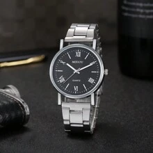 1 pieza Reloj de cuarzo casual para hombre con correa de acero inoxidable, esfera de números romanos sencilla y elegante, ideal para uso diario y regalo, perfecto para estudiantes que regresan a la escuela