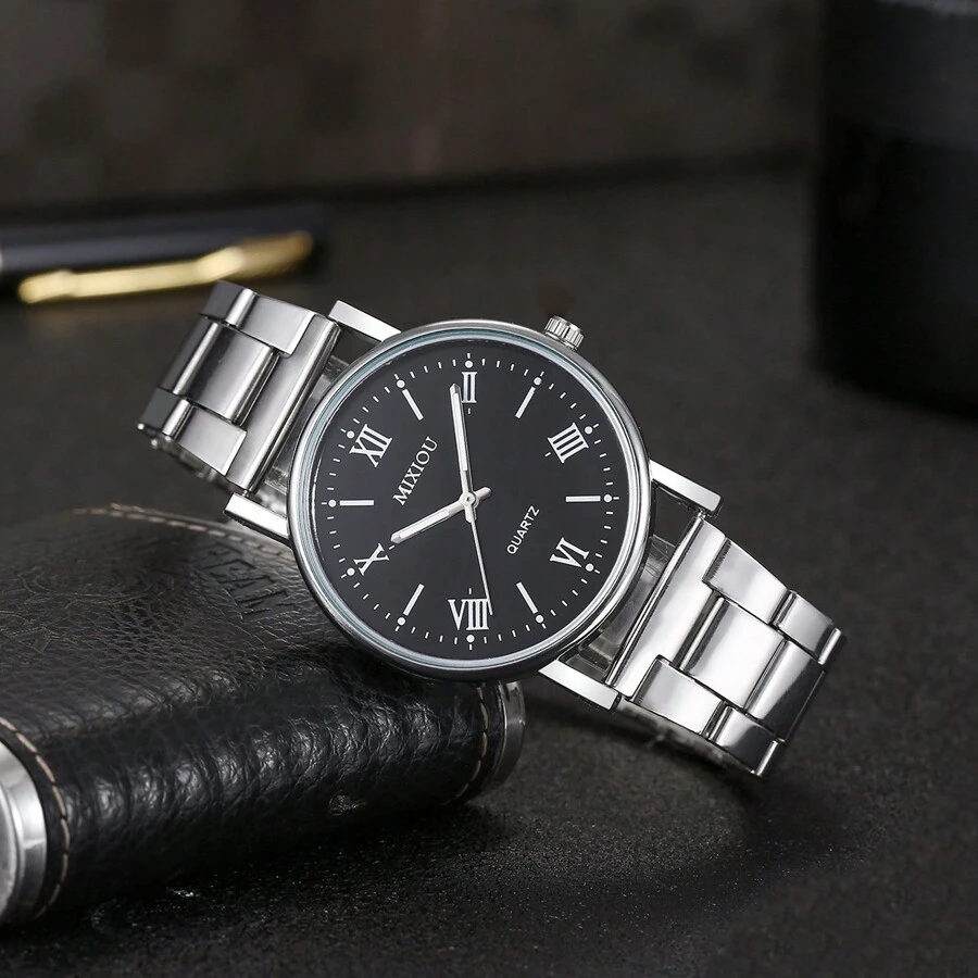 1 pieza Reloj de cuarzo casual para hombre con correa de acero inoxidable, esfera de números romanos sencilla y elegante, ideal para uso diario y regalo, perfecto para estudiantes que regresan a la escuela