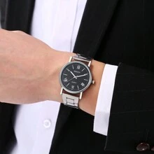 1 pieza Reloj de cuarzo casual para hombre con correa de acero inoxidable, esfera de números romanos sencilla y elegante, ideal para uso diario y regalo, perfecto para estudiantes que regresan a la escuela