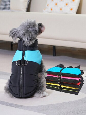 HOLAPET 1pc Color Block Printed Pet Fleece Jacket, Waterproof Dog Clothes, Suitable For Small & Medium-Sized Cats And Dogs, Skiing Jacket