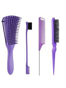 梳子。全新升級！4件套髮刷套裝，1件蓬鬆梳+1件尼龍梳+1件雙面邊緣刷+1件老鼠尾梳，適用於化妝和夏季套裝Y2k