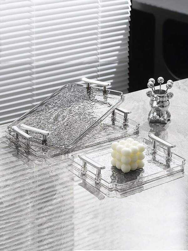 1pc Acrylic Clear Serving Tray With Handle Decorative Tray Organiser For Ottoman Coffee Table Countertop With Handles Luxurious Storage Rack For Kitchen Spices, Snacks, Cosmetics Organizer, Fridge, Home Necessity Back To School