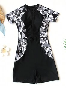 1 件装图案拼接撞色专业游泳运动连体泳衣带拉链夏季 - 黑色 - 查看 6