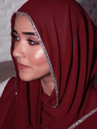 1pc Women's Heavy Beaded Border Solid Color Chiffon Scarf, Elegant Rhinestone Studded Shawl Malay Rhinestone Long Scarf Chiffon Hijab  African Headscarf Head Wrap, Suitable For Travel Vacation Party Outfits Accessories Women