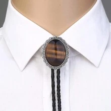 1pc Oval Abalone Shell Tiger Eye Stone Shirt Decoration Bolo Tie, For Wedding Party Casual Gatherings, Wear With Sweater Chain Western Cowboy Fashion Men & Women Leather Rope Necklace Pendant Halloween - Multi-color Gemstone Bolo Tie - View 10
