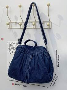 O geantă de umăr din denim, pliabilă și pliabilă, portabilă și elegantă, care poate fi purtată atât ca geantă de umăr, cât și ca geantă de umăr dublu.