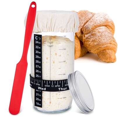 Sourdough Starter Kit, 24/34 Oz Large Capacity Sourdough Starter Jar With Aluminum Lid, Date Marked Feeding Band, Silicone Scraper, Cloth Cover And Thermometer Band, Sourdough Container For Making Bread,Brewing Tools, Fermentation Tools, Reusable Sourdough Bread Baking Supplies