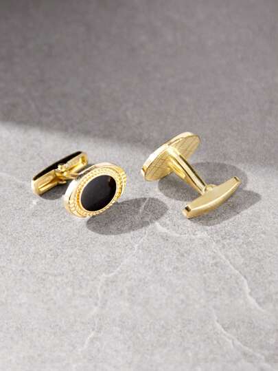 1 Pair Gold-Plated Black Enamel Alloy Oval Classic Cufflinks, Shirt & Suit Sleeve Accessories For Men