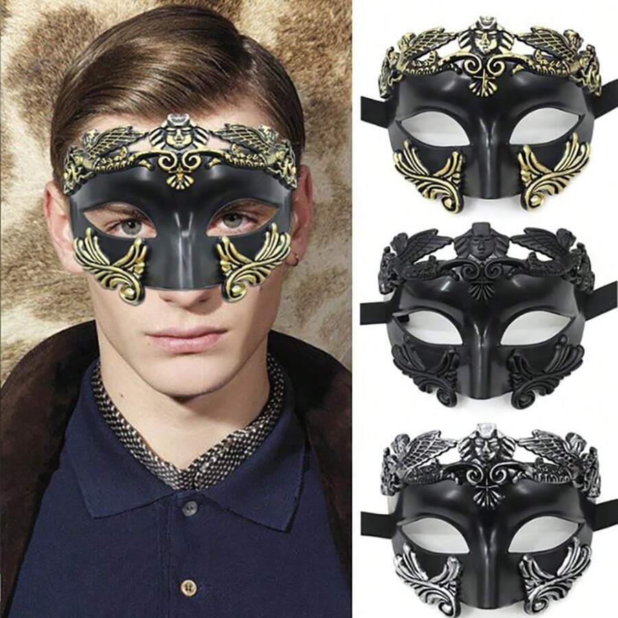 1 Peça Máscara Masculina de Baile de Máscaras, Máscara de Rosto Metade de Guerreiro Antigo Romano Grego, Baile de Máscaras de Halloween Veneziano, Carnaval, Festa de Mardi Gras, Casamento, Festa Temática de Fantasia - Multicolorido - Visão 1