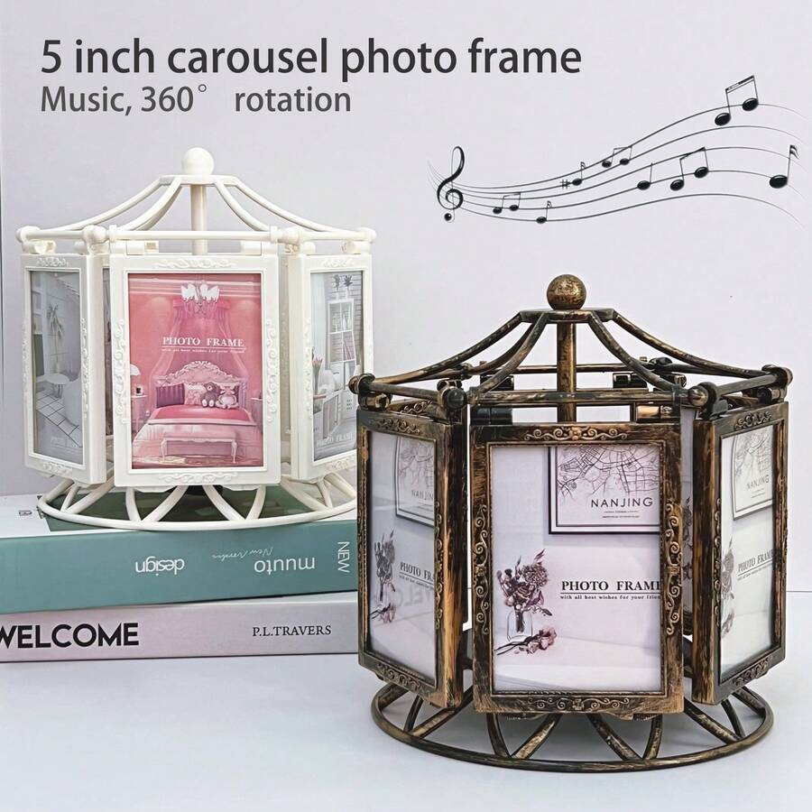 1 pieza Caja de música tallada en estilo retro con carrusel y marco de fotos de 5 pulgadas, Marco de fotos creativo para bricolaje, con música y luz, Decoración del hogar, Adorno de mesa, Regalo para cumpleaños/Navidad/Graduación/Boda/Vacaciones