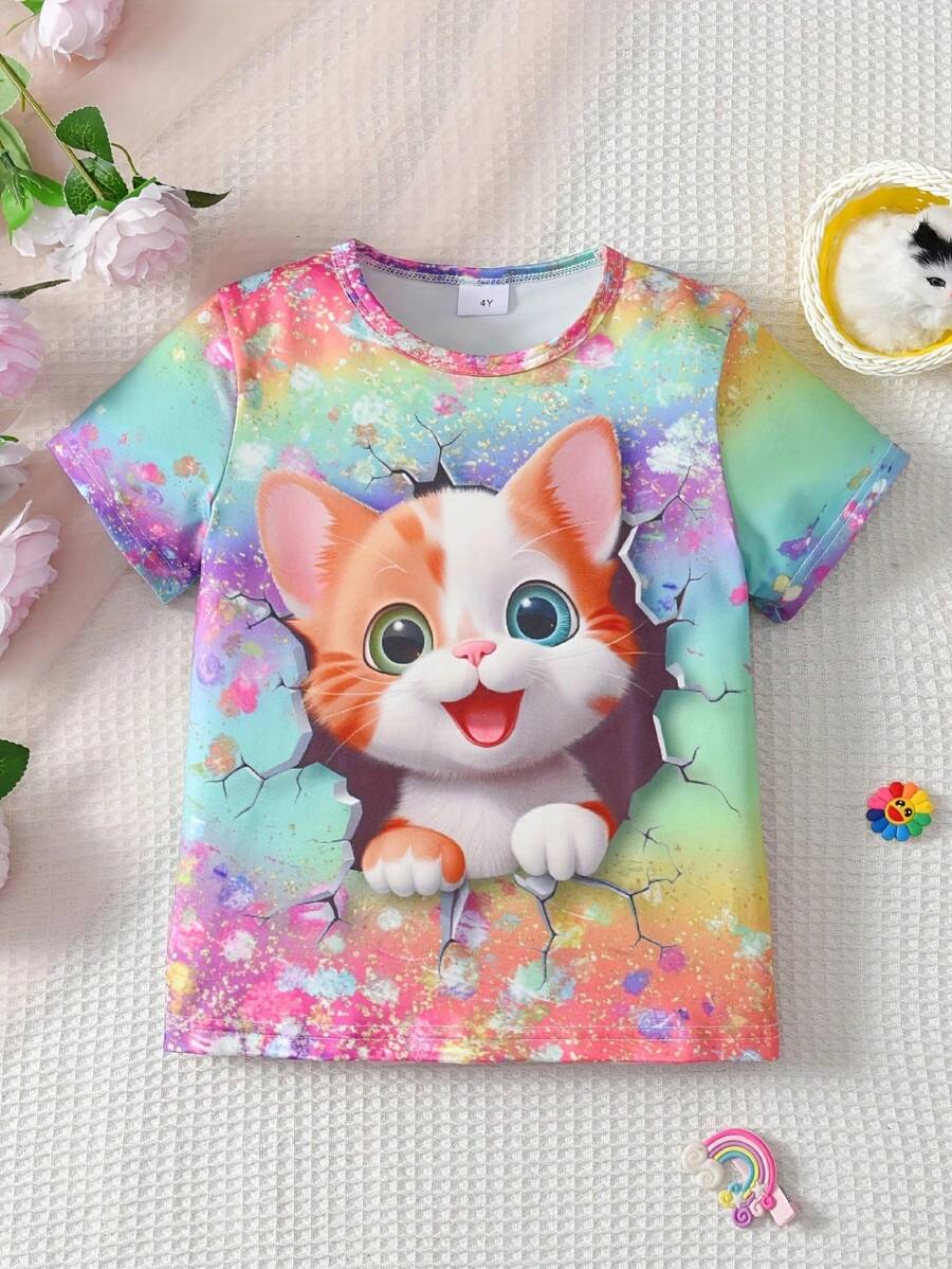 Áo thun ngắn tay in hình mèo hoạt hình cổ tròn 3D cô gái trẻ - Nhiều màu - Xem 1