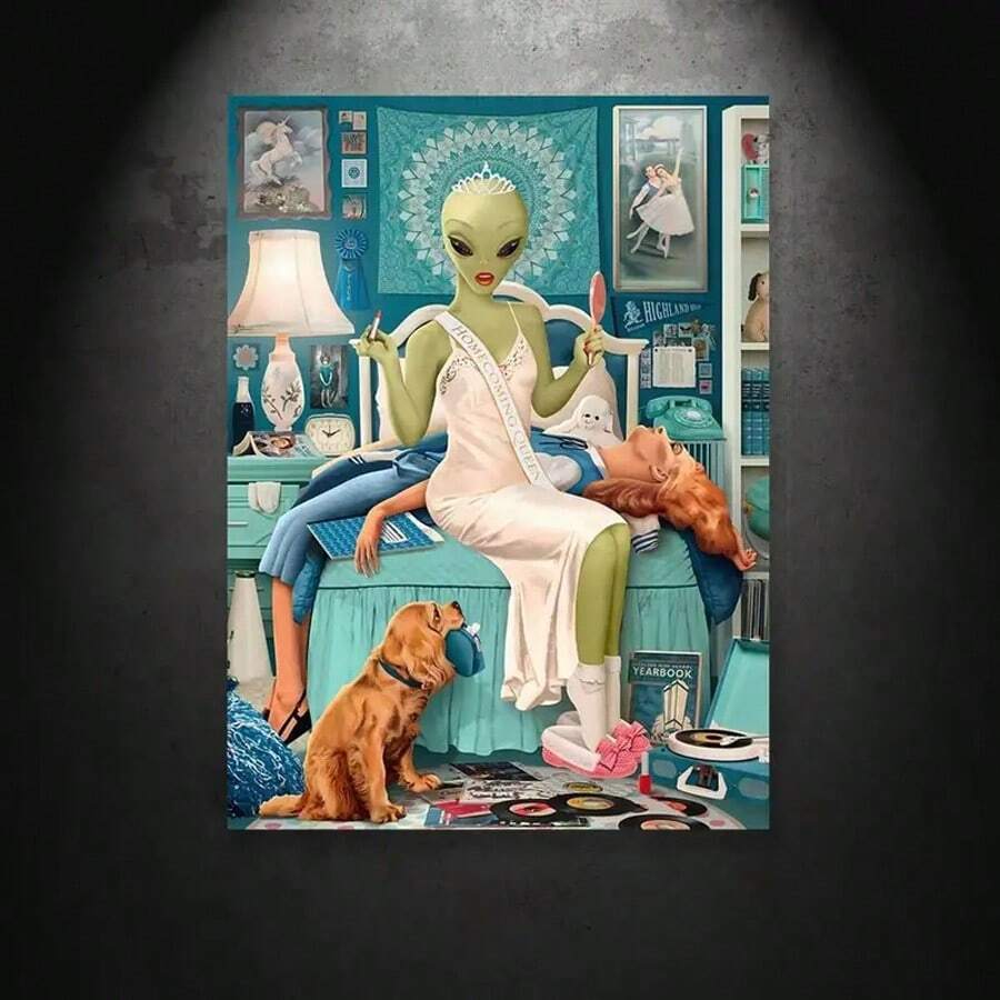 1入組帆布海報油畫藝術印刷品，科幻主題海報帶UFO外星人設計的壁畫裝飾，浴室裝飾，有趣的科幻禮物海報，壁畫浴室臥室辦公室客廳家居牆壁裝飾，無框畫 - 寶藍色 - 查看 1