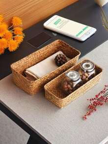 1 件手工海藻编织储物篮，多功能藤条收纳箱，适用于浴室、卧室、客厅、宿舍、家居装饰、房间装饰、手工储物篮、手工编织储物盒、桌面收纳盒、零食收纳盒、珠宝收纳盒 - 黃色 - 查看 6