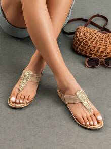 Women's Elastic Strappy String Thong Ankle Strap Summer Gladiator Sandals - Guld - Visa 1