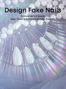 24 piezas Uñas de gel con forma de almendra, de color blanco lechoso, con diseño de flores blancas y patrón de líneas plateadas, uñas acrílicas para regalo de mujeres y niñas. Cubren completamente la uña y se presionan para adherirse. - Multicolor - Ver 4