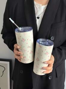 1 件蝴蝶玫瑰碎花保温杯、冷热保温瓶、真空保温瓶、露营咖啡杯、水杯、平底吸管杯、旅行户外用杯、生日、万圣节和圣诞节礼物（不含吸管）